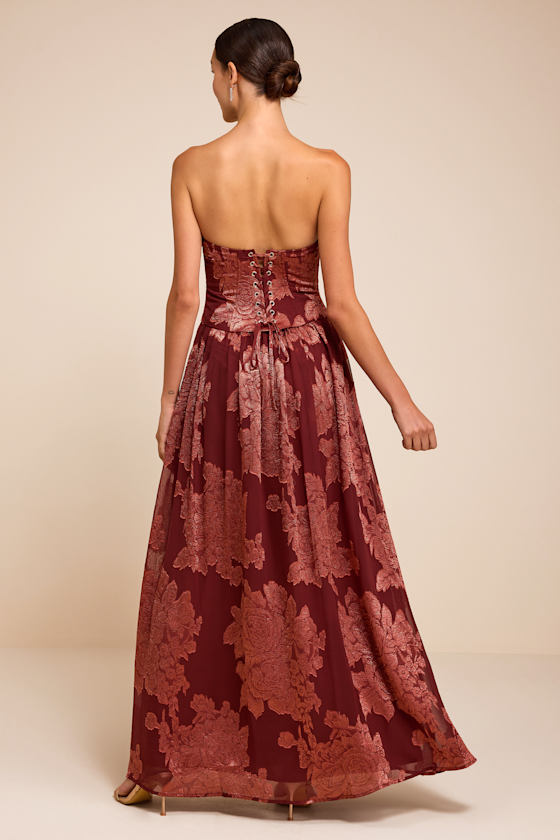 Alanis Rust Red Floral Burnout Lace-Up Maxi Dress - thumbnail 3