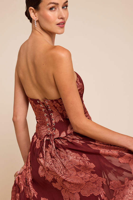 Alanis Rust Red Floral Burnout Lace-Up Maxi Dress - thumbnail 5