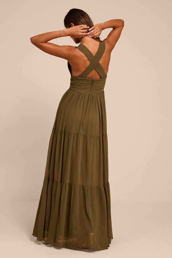 Leora Olive Green Pleated Tiered Maxi Dress - thumbnail 3
