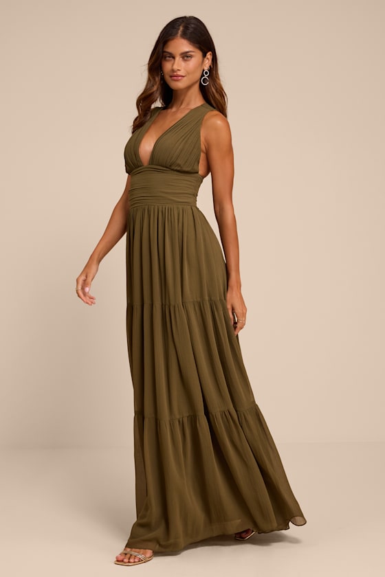 Leora Olive Green Pleated Tiered Maxi Dress - thumbnail 4