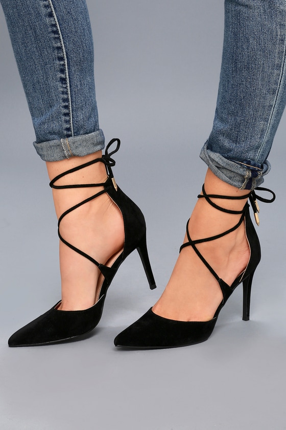Chic Black Heels Pointed Toe Heels Lace Up Heels
