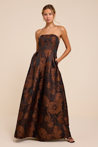 Laurelin Brown Floral Jacquard Pleated Strapless Maxi Dress 1