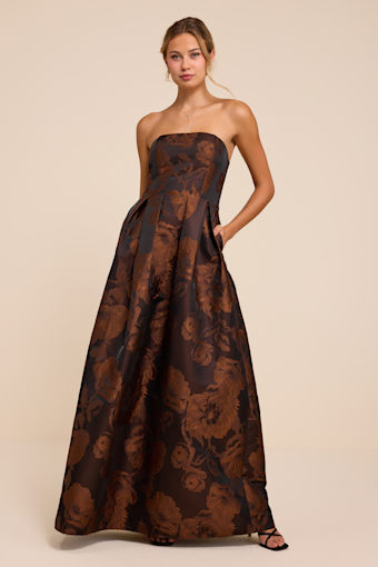 Laurelin Brown Floral Jacquard Pleated Strapless Maxi Dress 1