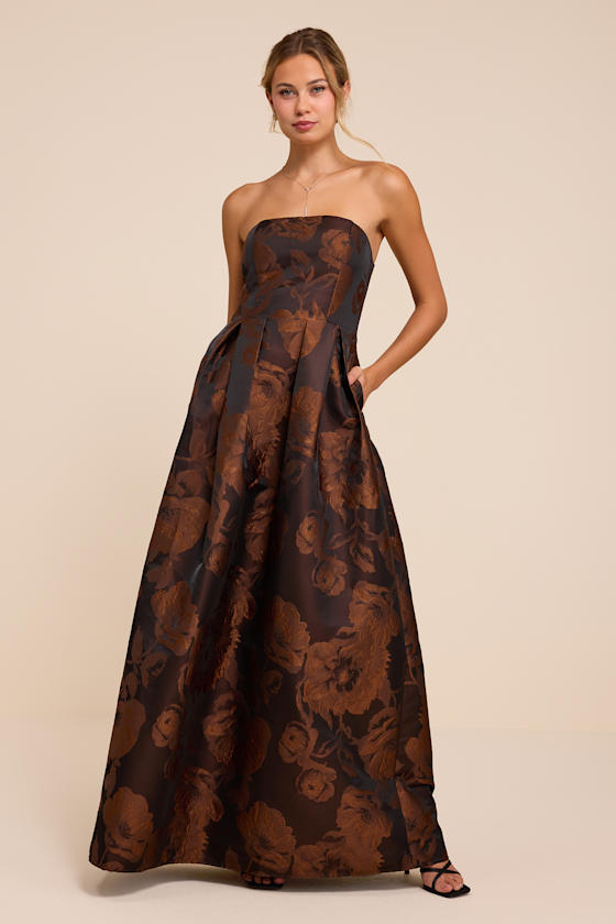 Laurelin Brown Floral Jacquard Pleated Strapless Maxi Dress 1