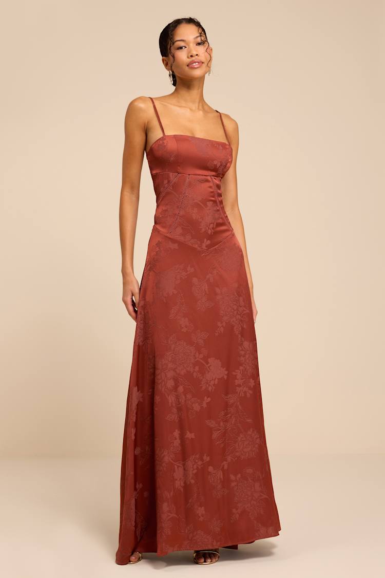 jacquard dress formal Orange Elin Rust Floral Lace-Up Maxi | Womens | Small (Available in XS, L, XL) | 100% Polyester color-mint