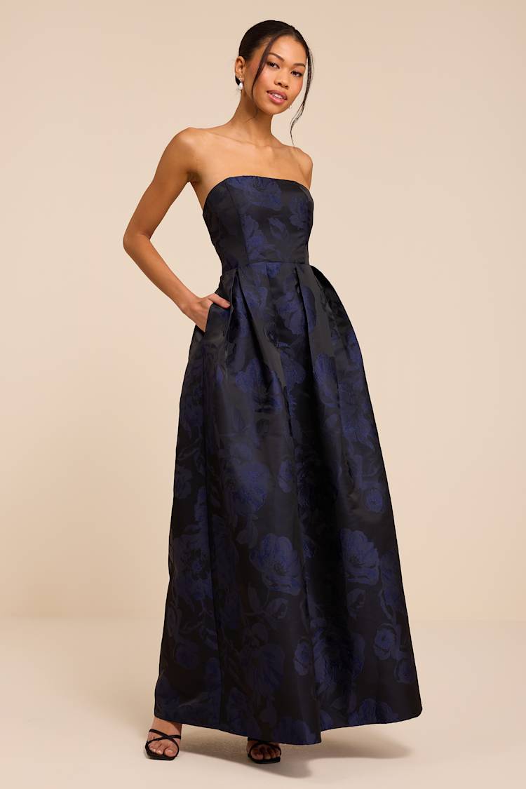 lulus navy blue long dress Laurelin Floral Jacquard Pleated Strapless Maxi lady mary wedding dress sequin-dresses line skirt that ends SIZE:UK 6