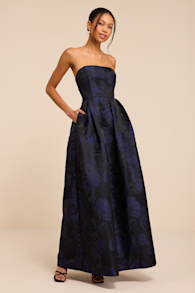 Laurelin Navy Floral Jacquard Pleated Strapless Maxi Dress 1