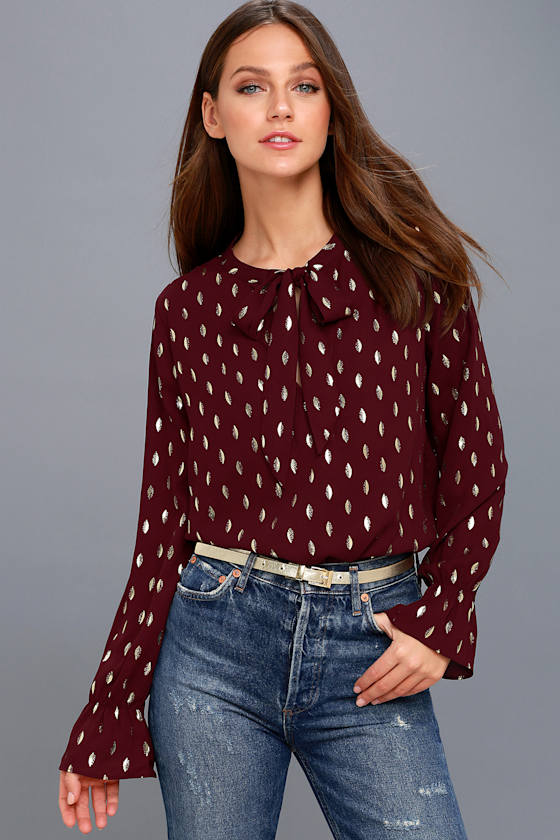 Good as Gilt Gold and Burgundy Print Long Sleeve Top 4