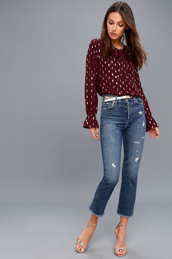 Good as Gilt Gold and Burgundy Print Long Sleeve Top 3