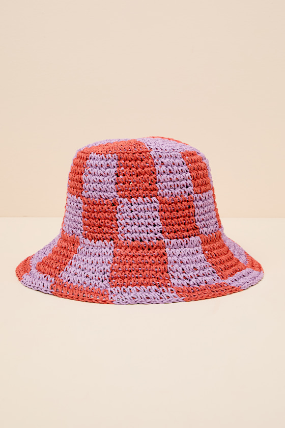 Sunshine Check Red and Purple Checkered Straw Bucket Hat 1