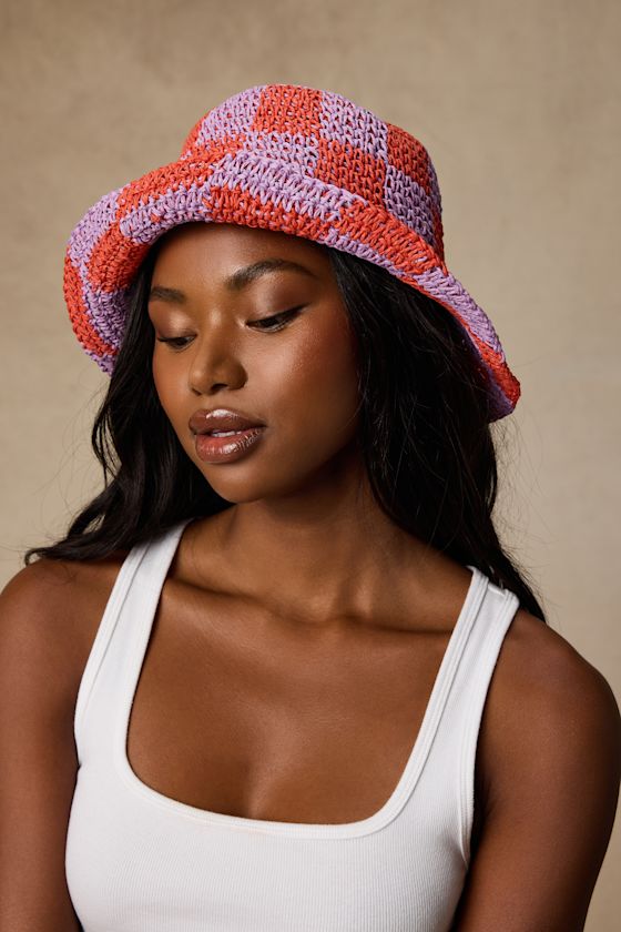Sunshine Check Red and Purple Checkered Straw Bucket Hat - thumbnail 3