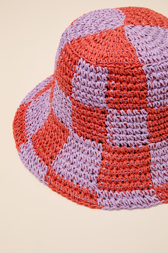 Sunshine Check Red and Purple Checkered Straw Bucket Hat 2