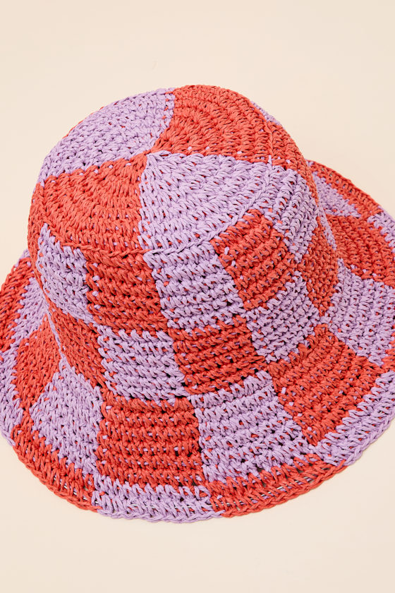 Sunshine Check Red and Purple Checkered Straw Bucket Hat - thumbnail 5