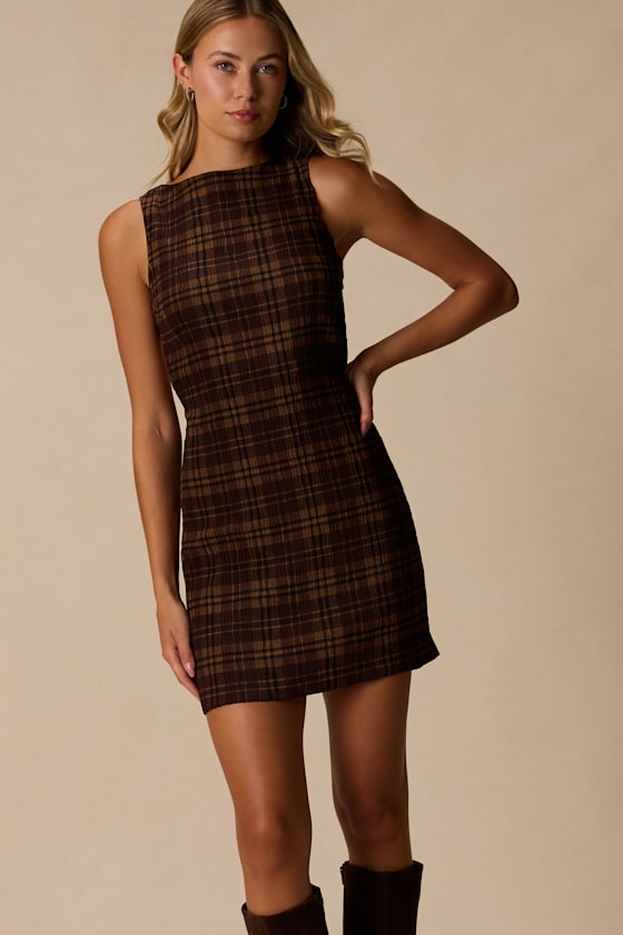 Kimber Brown Multi Plaid Cutout Mini Dress - thumbnail 4