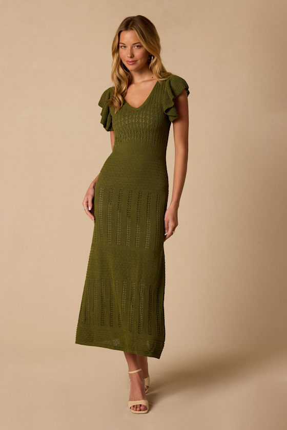 Campbell Olive Green Short Sleeve Midi Sweater Dress 2