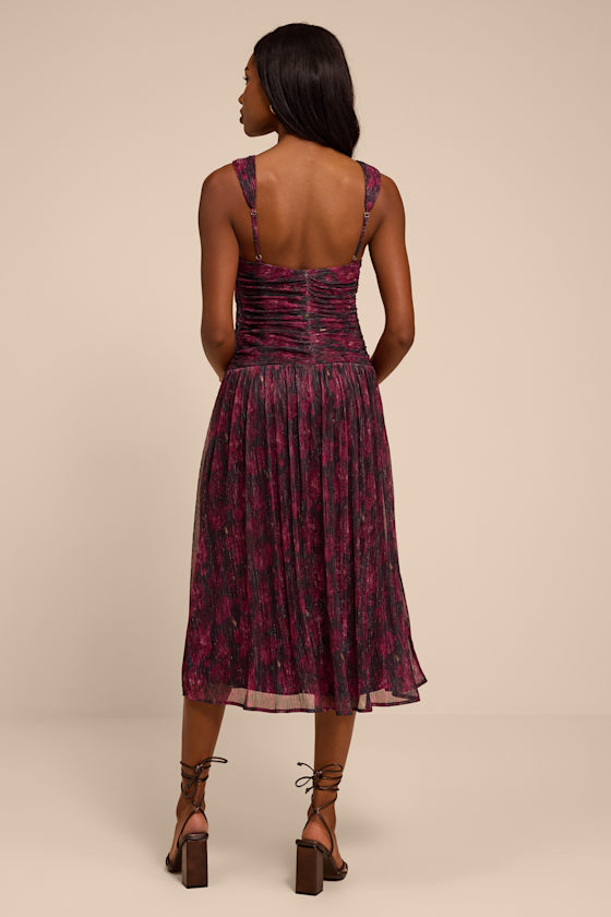 Evaluna Plum Abstract Print Lurex Pleated Midi Dress - thumbnail 4