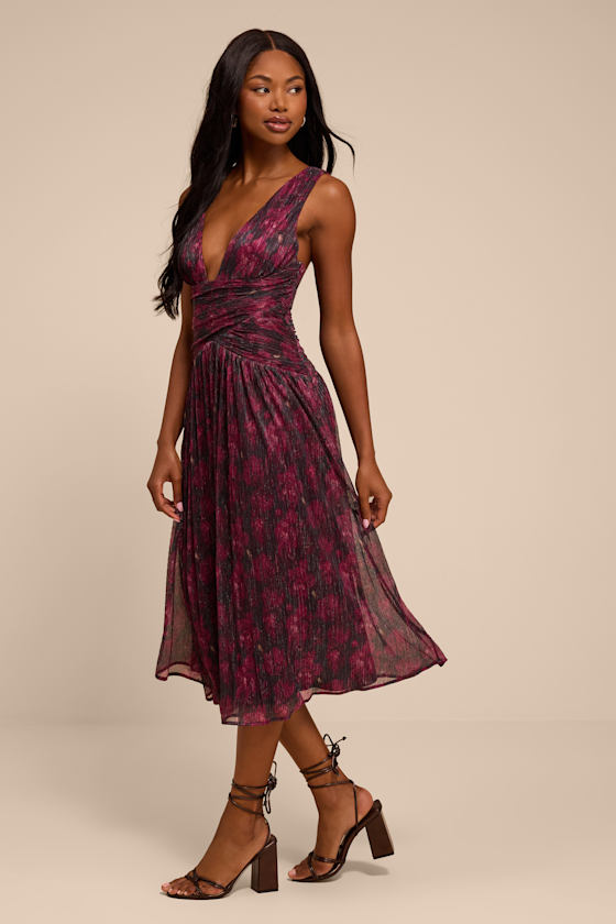 Evaluna Plum Abstract Print Lurex Pleated Midi Dress - thumbnail 5