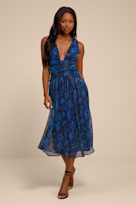 Evaluna Blue Abstract Print Lurex Pleated Midi Dress 1