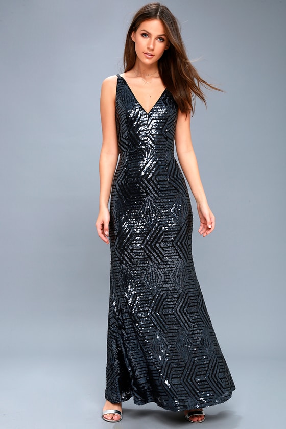 Chic Navy Blue Dress - Sequin Dress - Maxi Dress - Lulus