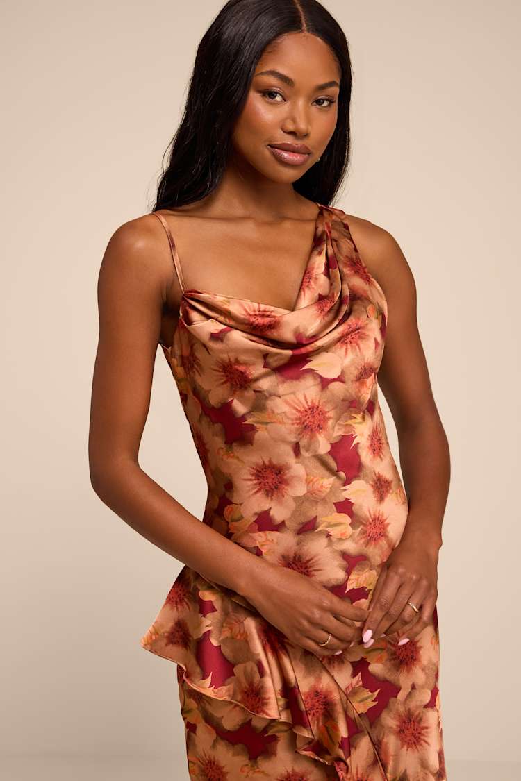 rust asymmetrical dress Lulus | Red Roxanne Multi Floral Satin Midi | Womens | X-Large (Available in XS, S, M, L) sleeveless cut MINI A LINE DRESS A Line Dresses | Primary colour:Beige
