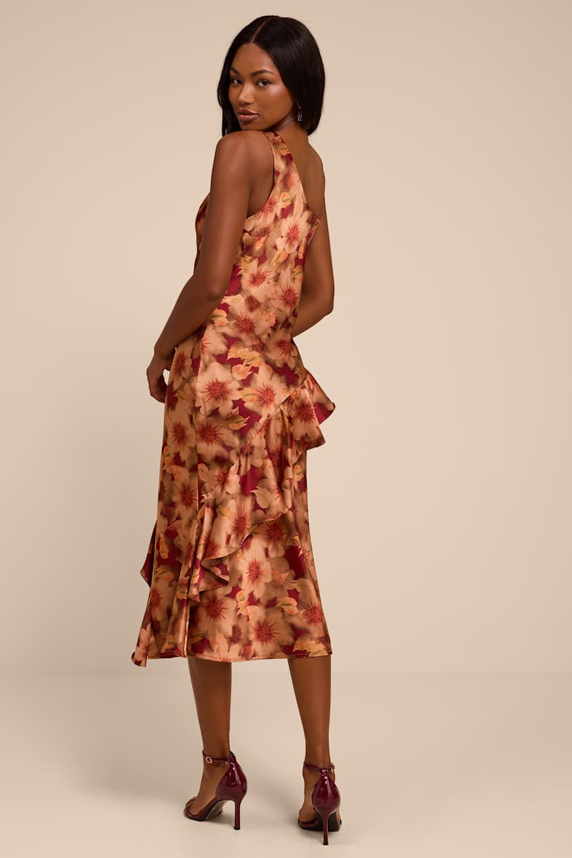 Lulus | Red Roxanne Rust Multi Floral Satin Asymmetrical Midi Dress | Womens | X-Large (Available in XS, S, M, L)