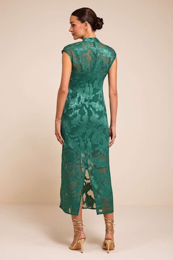 Green Floral Jacquard Dress - Mock Neck Midi Dress - Sheer Dress