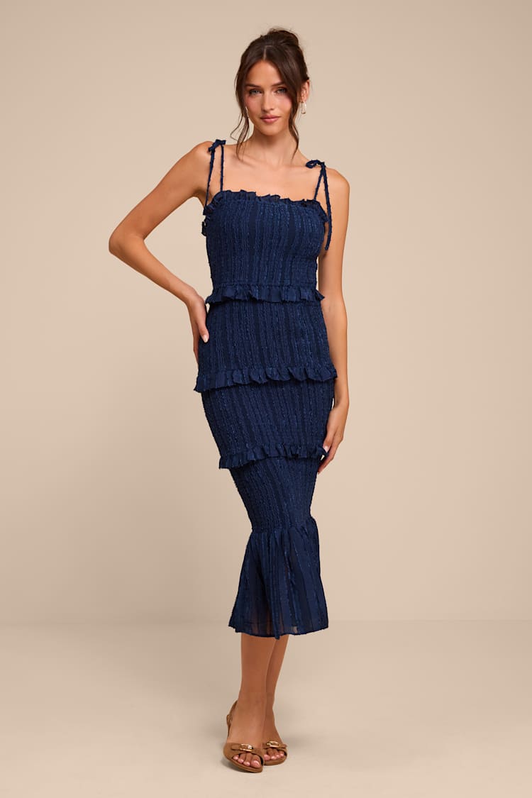 smocked bodycon midi dress Aymana Navy Smocked bodice Core Colors:Amber Checks ribbed dress Blush Galina SignatureCharmeuse High-Neck or everyday wear