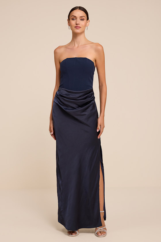Mella Navy Blue Mixed Media Strapless Maxi Dress 2