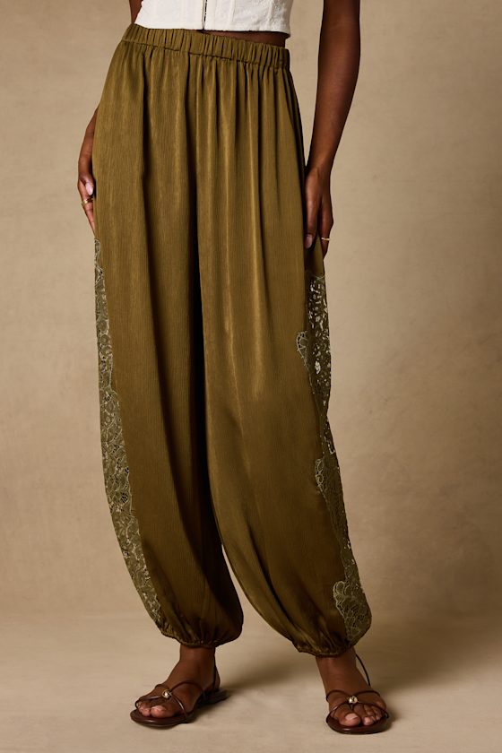 Evette Olive Green Lace High-Rise Jogger Pants - thumbnail 3