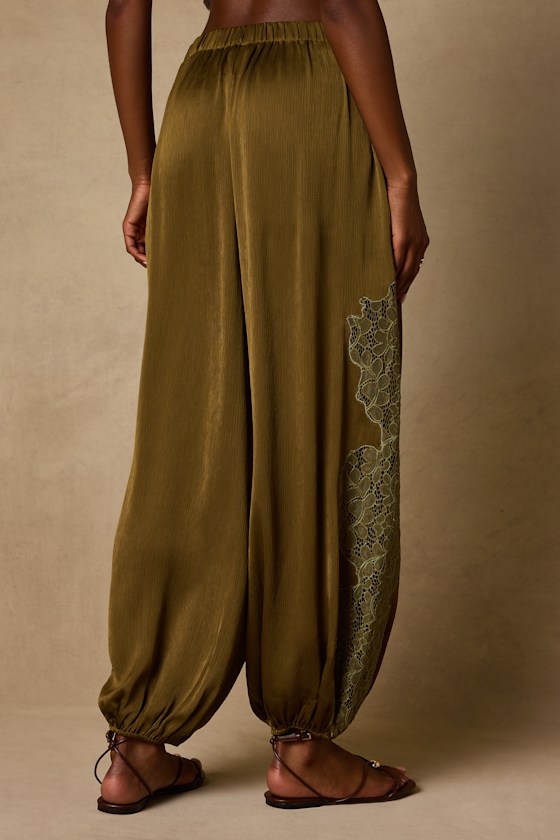 Evette Olive Green Lace High-Rise Jogger Pants - thumbnail 4