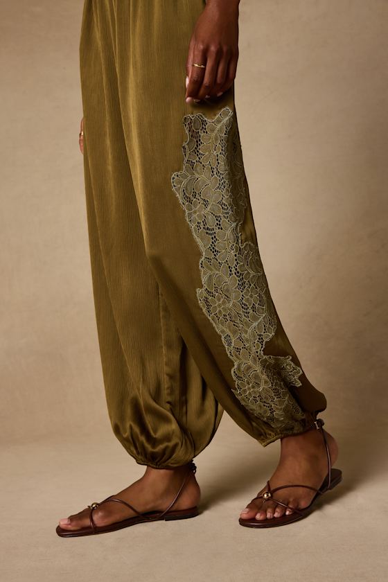 Evette Olive Green Lace High-Rise Jogger Pants - thumbnail 5