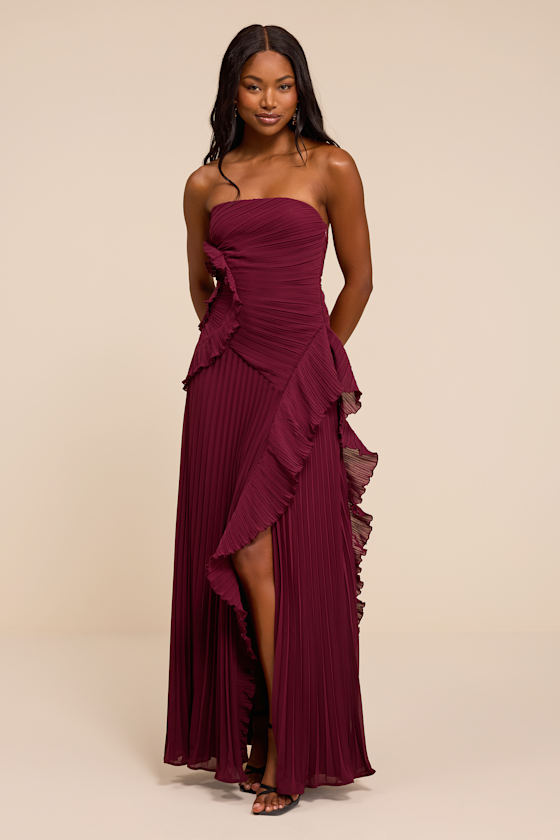 Brylee Burgundy Pleated Ruffled Maxi Dress 1