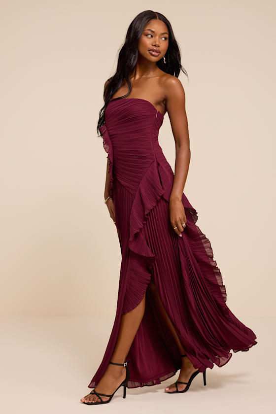 Brylee Burgundy Pleated Ruffled Maxi Dress 4