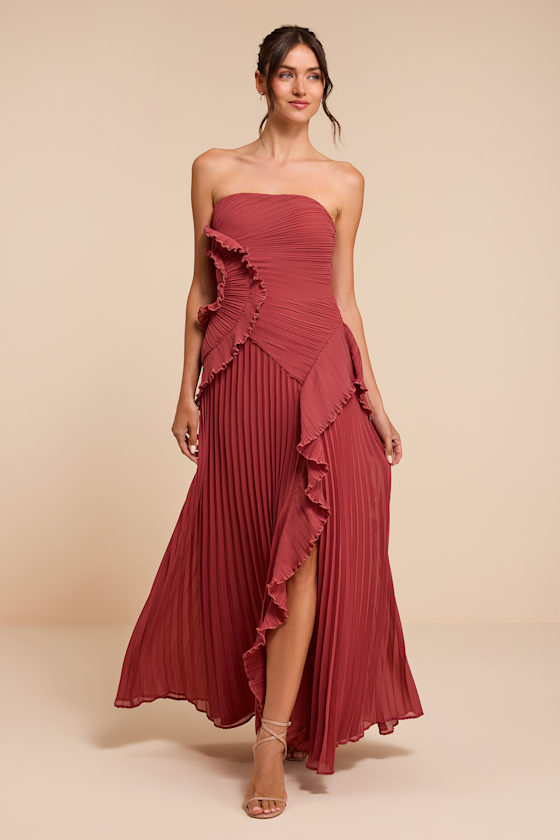Brylee Rusty Rose Pleated Ruffled Maxi Dress 1