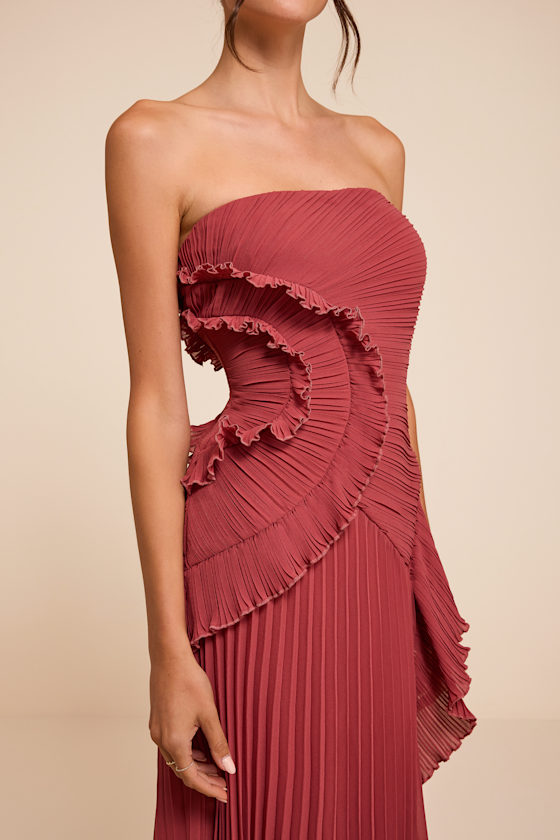 Brylee Rusty Rose Pleated Ruffled Maxi Dress 2