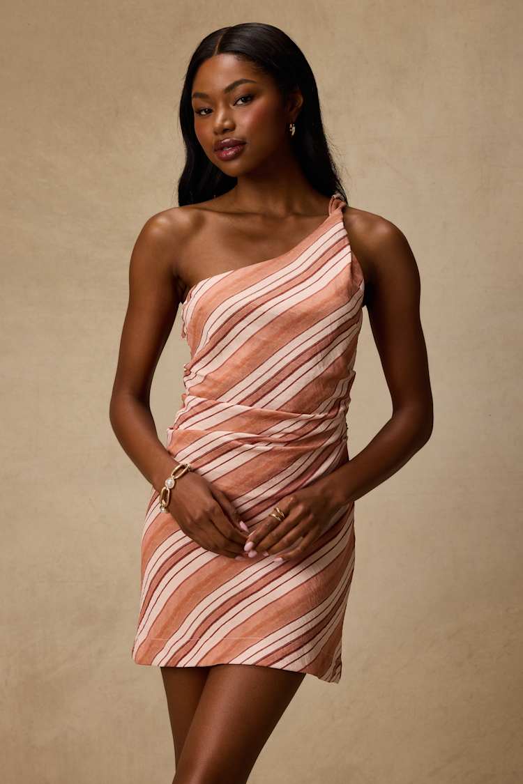 one shoulder terracotta dress One-Shoulder Sheath Ruched Ruffled Bridesmaid Dress in Terracotta, Terracotta / 22