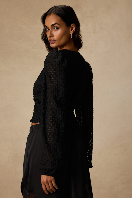 Shadia Black Textured Surplice Smocked Top - thumbnail 3