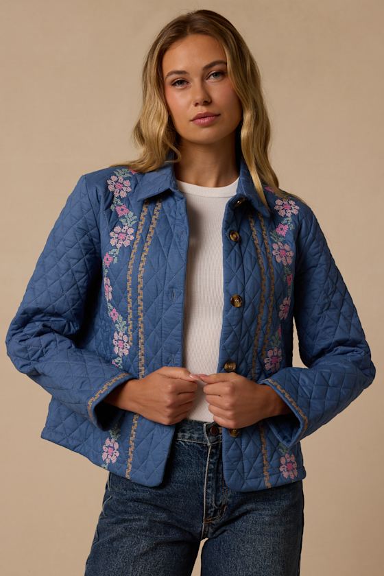 Neve Blue Embroidered Quilted Jacket - thumbnail 4