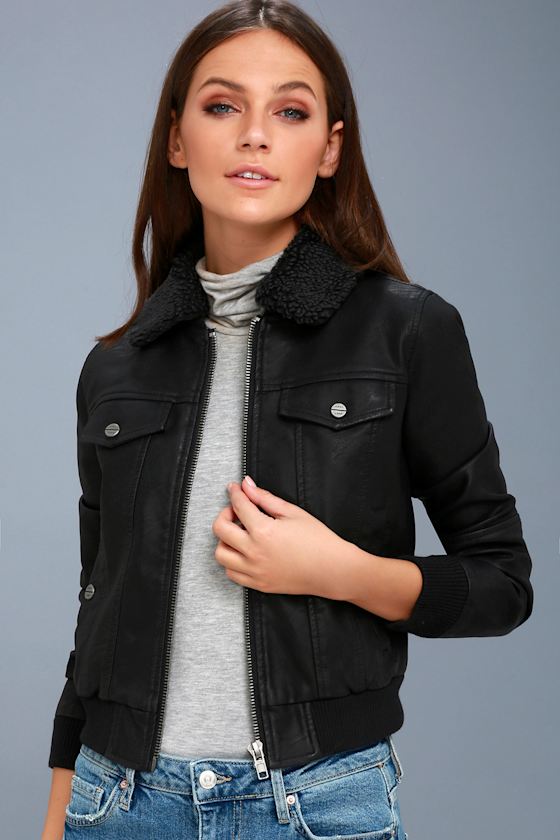 Obey Ziggy Jacket Black Vegan Leather Bomber Jacket Lulus