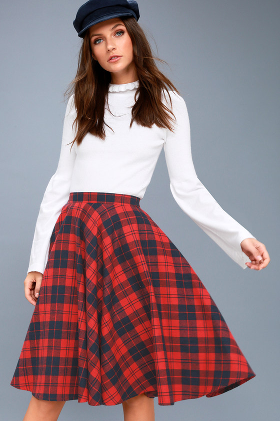 Cute Navy Blue and Red Plaid Skirt - Flannel Midi Skirt - Lulus