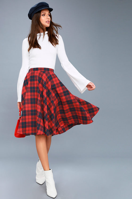 Bristol Navy Blue and Red Plaid Flannel Midi Skirt 2
