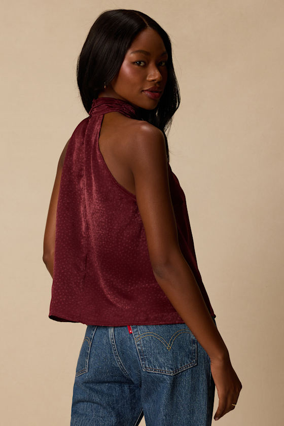 Camille Burgundy Satin Mock Neck Tank Top - thumbnail 3