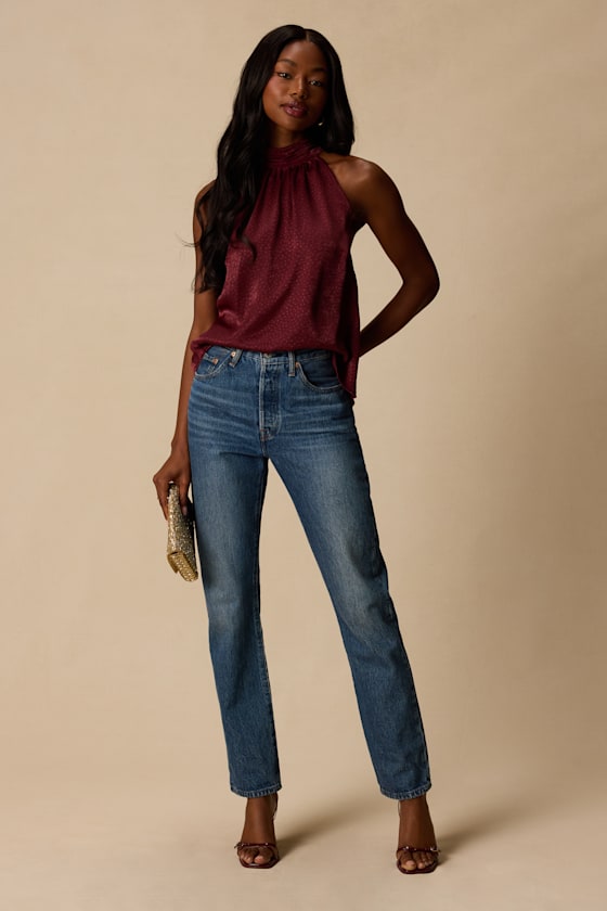 Camille Burgundy Satin Mock Neck Tank Top - thumbnail 4