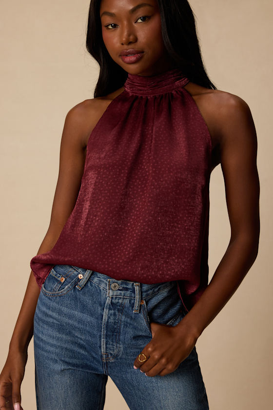 Camille Burgundy Satin Mock Neck Tank Top - thumbnail 5