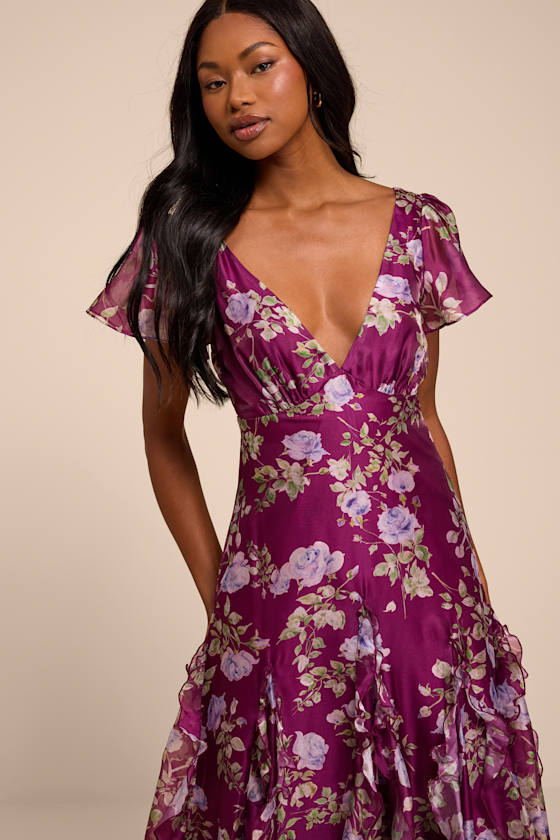 Deluca Plum Floral Ruffled Midi Dress 2