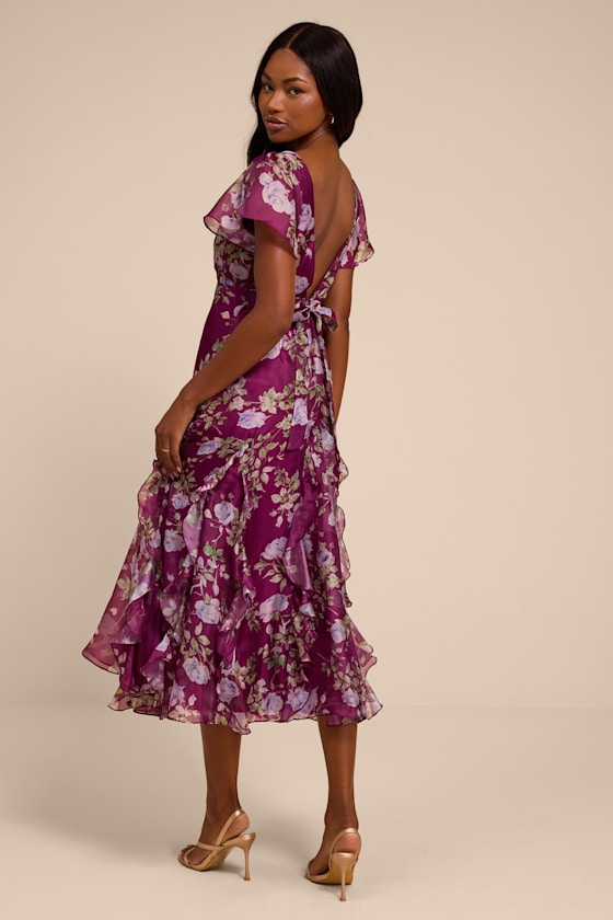 Deluca Plum Floral Ruffled Midi Dress - thumbnail 3