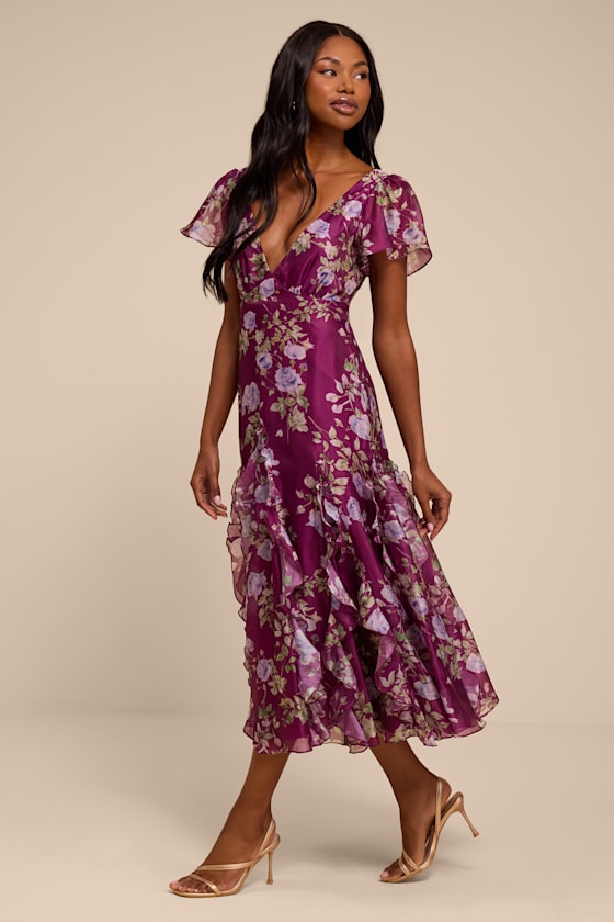 Deluca Plum Floral Ruffled Midi Dress - thumbnail 4