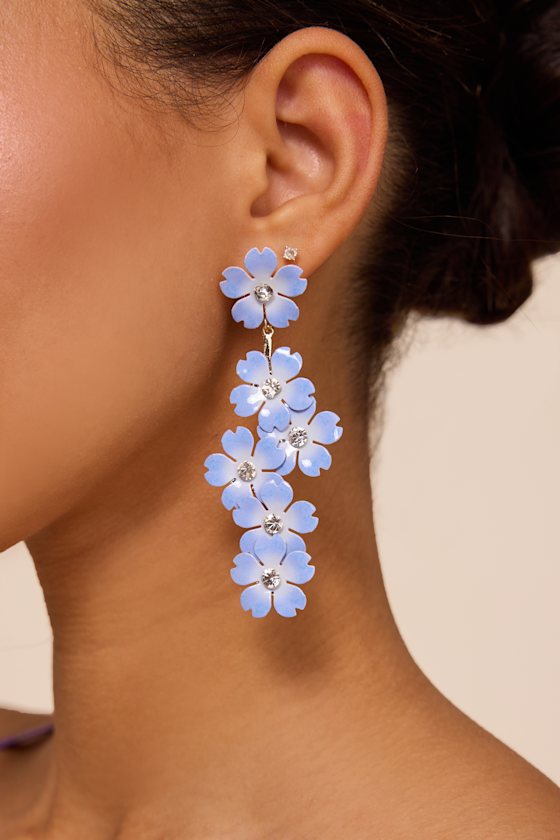 Lulus Alaina Blue Floral Rhinestone Drop Earrings