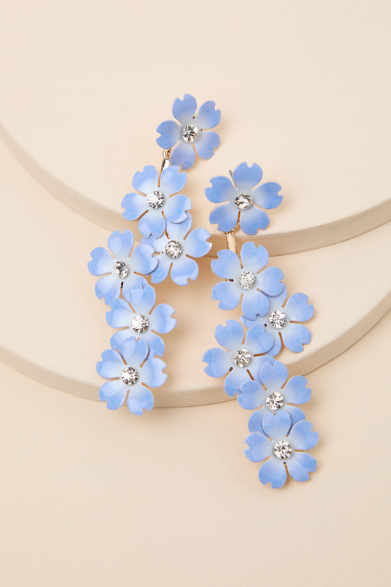Alaina Blue Floral Rhinestone Drop Earrings