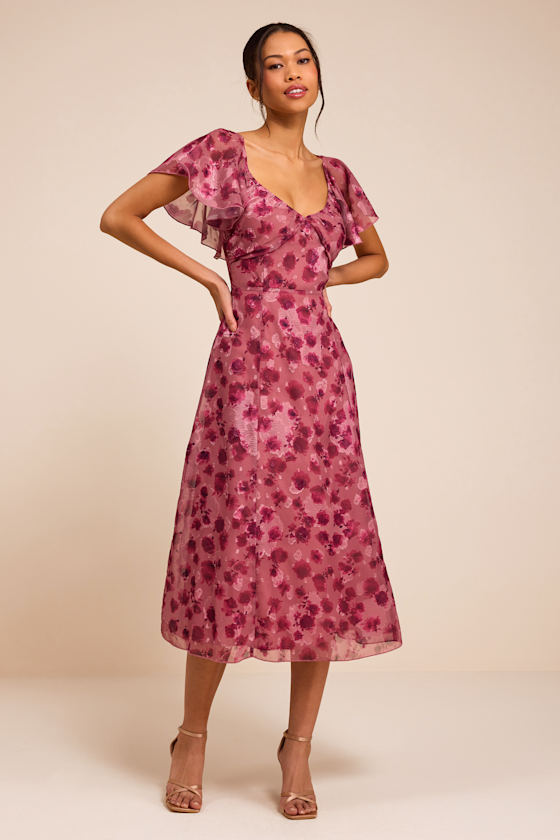 Image of Camillo Mauve Floral Jacquard Flutter Sleeve Midi Dress